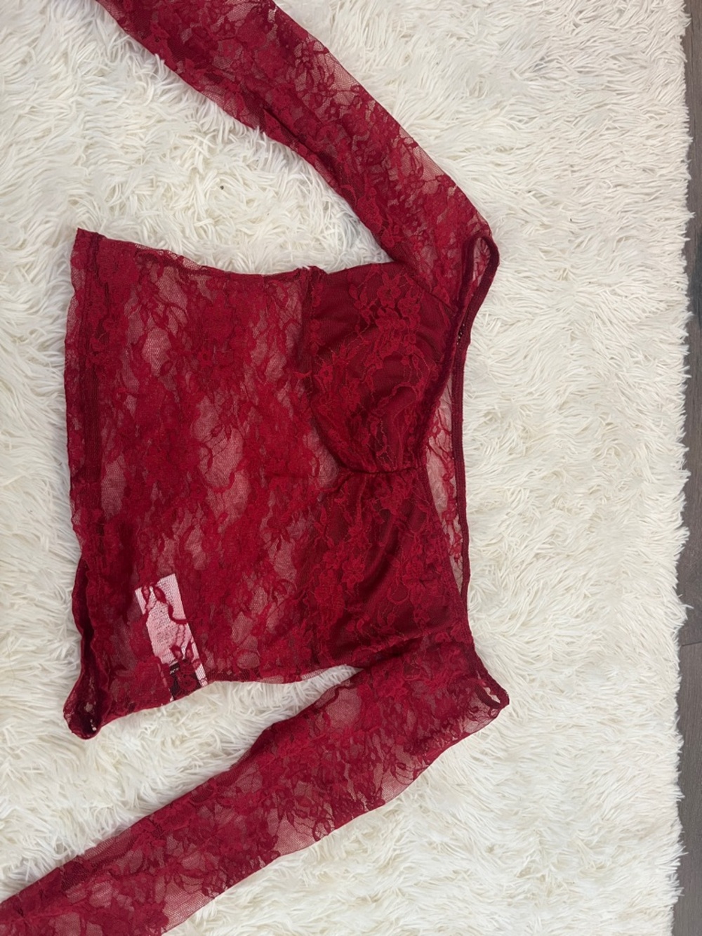 Red Lace Long Sleeve Semi-Sheer Top